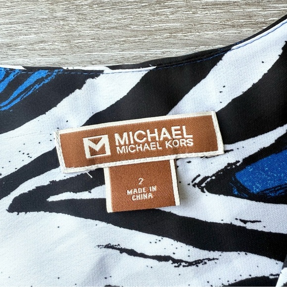 MICHAEL KORS Blue Black White Ruffled Zebra Stripe Sleeveless Dress - Picture 5 of 14